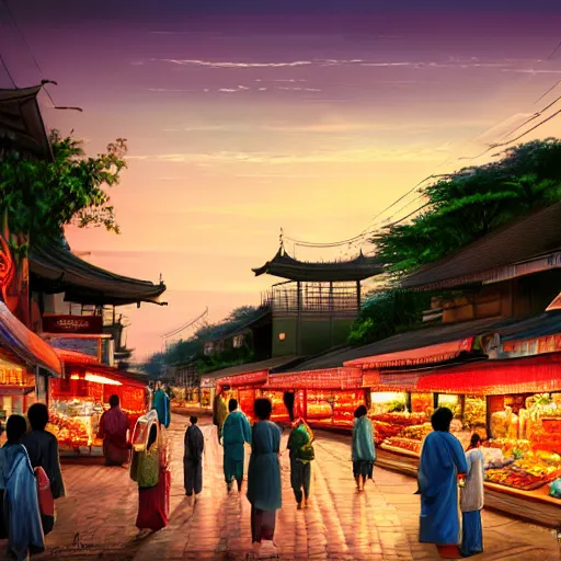 Prompt: an immaculate digital matte painting placid asian street market scene at dusk.