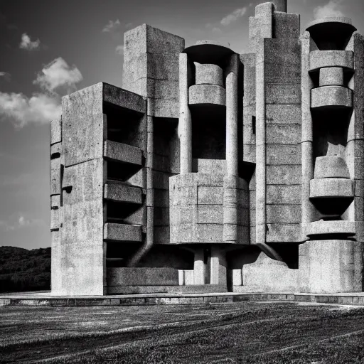 Image similar to scifi brutalist monumental castle, behemoth standing on a hill, with brutalist statues, photography