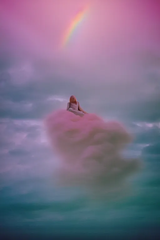 Image similar to high quality pastel coloured film photograph of a model wearing clothing resting on cloud furniture in a icelandic black rock environment in a partially haze filled dreamstate world. three point light, rainbow. photographic production. art directed. pastel colours. volumetric clouds. pastel gradient overlay. waves glitch artefacts. 8 k. filmic.