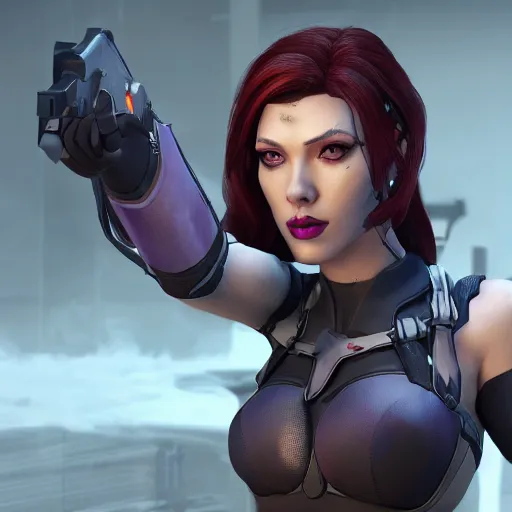 Image similar to scarlet johanson as widowmaker from overwatch, ultra realistic, 4 k, coherent, detailed face, unreal engine, costumed