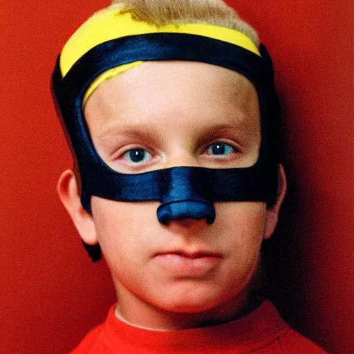 Prompt: 8 0 s school portrait of a boy wearing a luchador mask, wes anderson, realistic photo