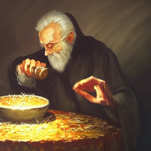 Image similar to painting of a mysterious old wizard summoning a bowl of pasta, atmospheric, oil painting, concept art, highly detailed