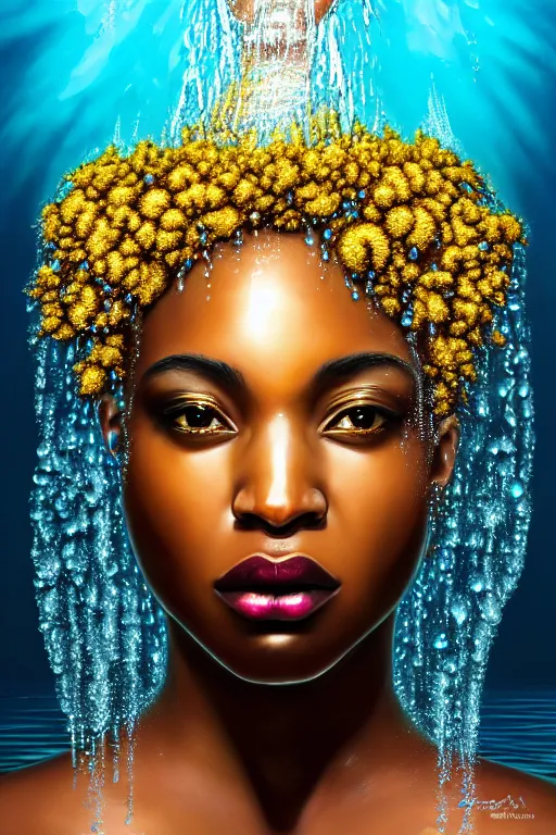 Image similar to hyperrealistic precisionist cinematic profile very expressive! black oshun goddess, in water! up to shoulders, mirror dripping droplet!, gold flowers, highly detailed face, digital art masterpiece, smooth eric zener cam de leon, dramatic pearlescent turquoise light on one side, low angle uhd 8 k, shallow depth of field