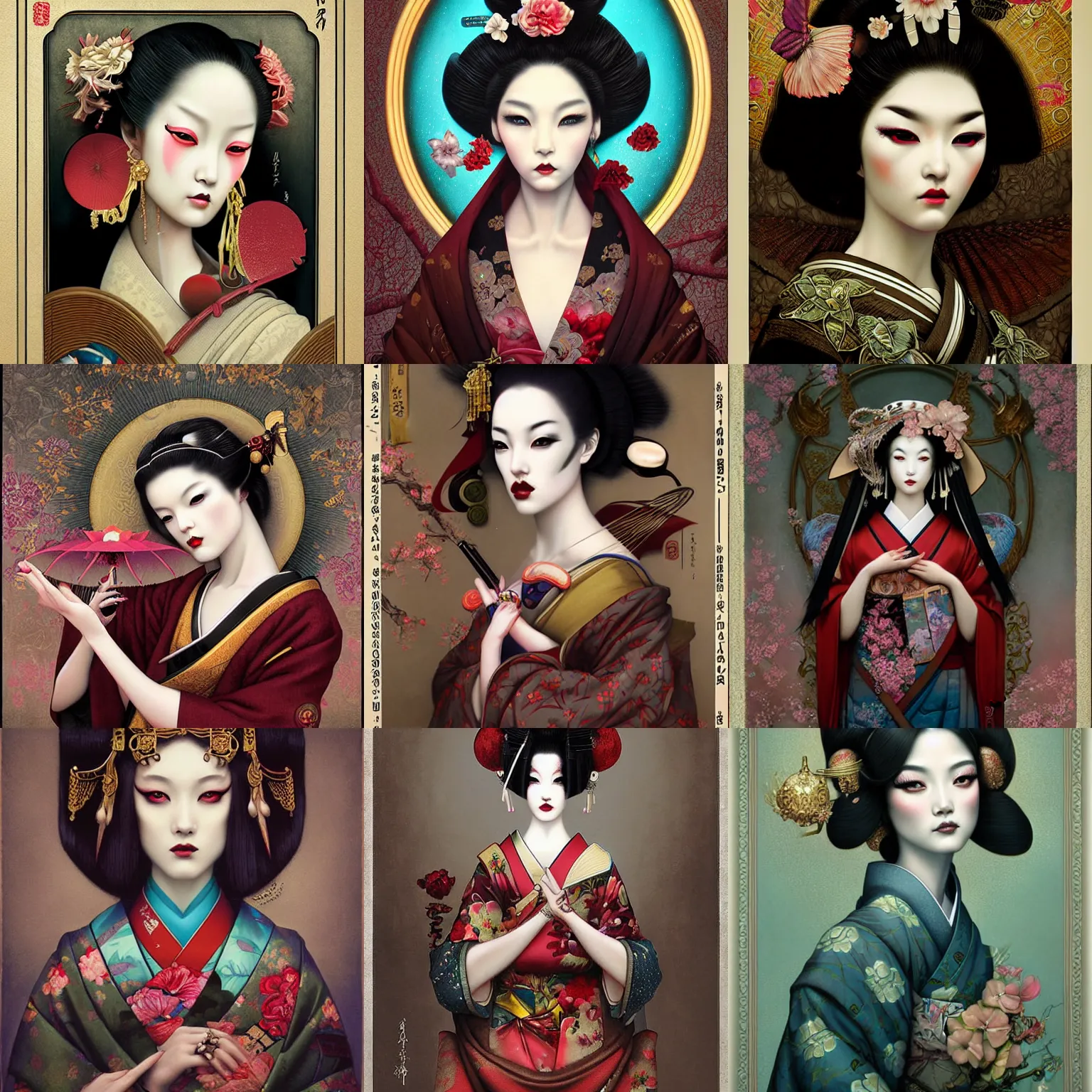 Prompt: digital painting of a geisha by tom bagshaw, ayami kojima, mark ryden in the style of thoth tarot crad