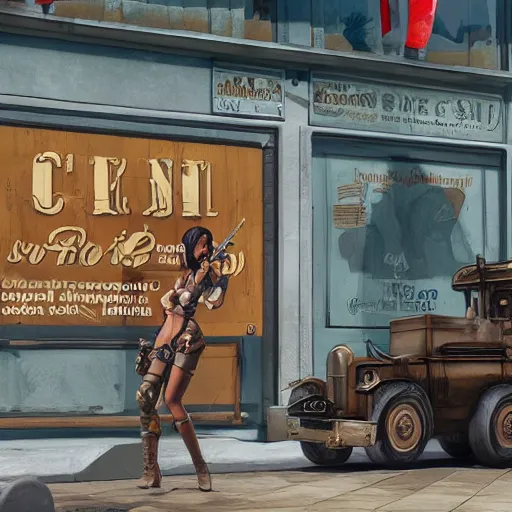 Image similar to a woman with large chest and a big gun, painted in comisc style in front of the shop marked with sign Daniel Vavra highly detailed, intricate, concept art, game art, octane render, 8k, unreal engine