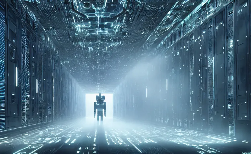 Image similar to extremely detailed cinematic movie still 3 0 7 7 foggy portrait shot of a robot in an endless data centre by denis villeneuve, wayne barlowe, simon birch, marc simonetti, philippe druillet, beeple, bright volumetric sunlight from small windows, rich moody colors