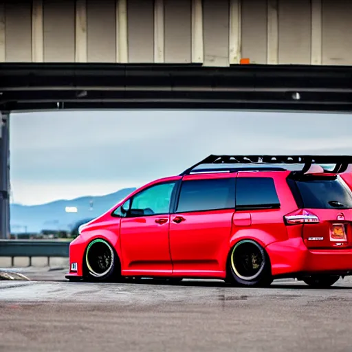 Prompt: Toyota Sienna with racing tires and racing livery, widebody kit, drifting through nurburgring, cinematic photography