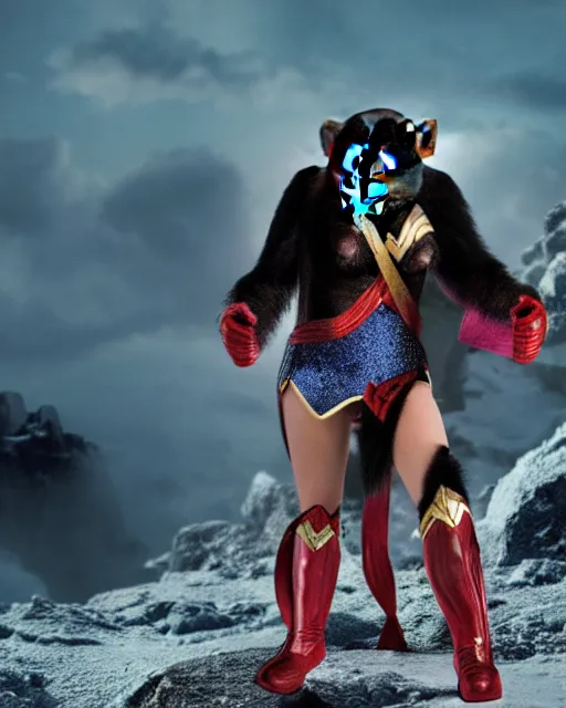 Prompt: photo of a Chimpanzee dressed as Wonder Woman standing in Superman’s Crystalline fortress of Solitude. Photography in the style of National Geographic, photorealistic