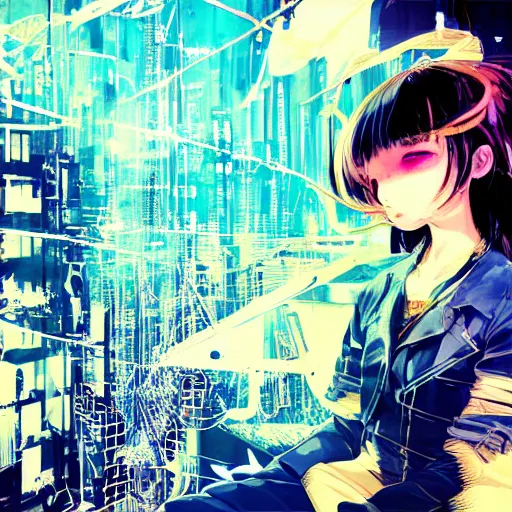 Image similar to Frequency indie album cover, luxury advertisement, indigo filter, blue and black colors. highly detailed post-cyberpunk sci-fi close-up schoolgirl in asian city in style of cytus and deemo, mysterious vibes, by Tsutomu Nihei, by Yoshitoshi ABe, by Ilya Kuvshinov, by Greg Tocchini, nier:automata, set in half-life 2, beautiful with eerie vibes, very inspirational, very stylish, with gradients, surrealistic, dystopia, postapocalyptic vibes, depth of field, mist, rich cinematic atmosphere, perfect digital art, mystical journey in strange world, beautiful dramatic dark moody tones and studio lighting, shadows, bastion game, arthouse