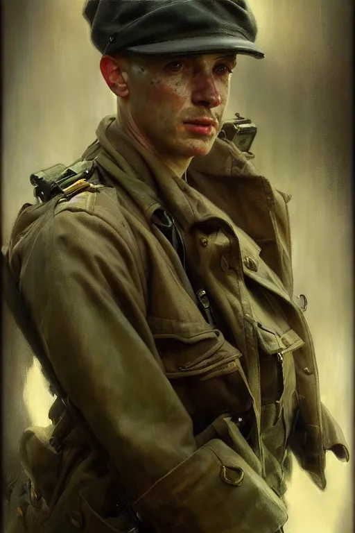 Image similar to hyperrealist portrait of a ww 2 soldier by jeremy mann and alphonse mucha, fantasy art, photo realistic, dynamic lighting, artstation, poster, volumetric lighting, very detailed faces, 4 k, award winning