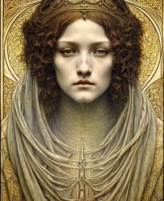 Image similar to detailed realistic beautiful young medieval queen face portrait by jean delville, gustave dore and marco mazzoni, art nouveau, symbolist, visionary, gothic, pre - raphaelite. horizontal symmetry