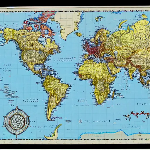 Prompt: geopolitical map of a strange new world, miller projection, monochromatic