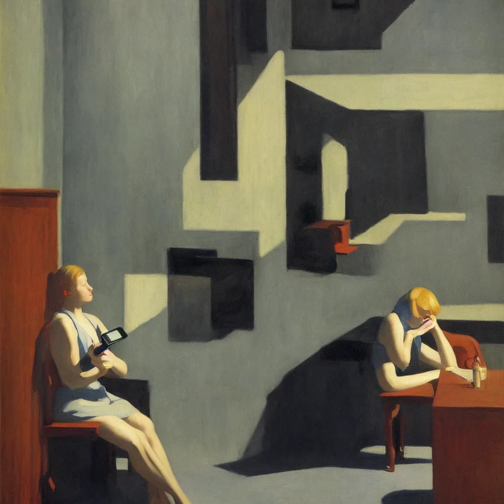 Image similar to i, a beautiful woman playing her iphone, by edward hopper