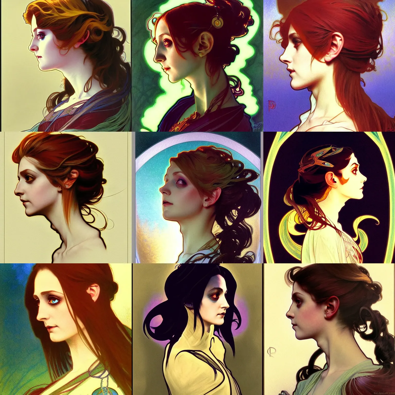 Prompt: side profile centered painted portrait, Twiggy as a wind sorcerer, D&D, cell-shaded, matte painting concept art, bright backlit, official fanart, 4k, Pinterest, by Alphonse Mucha - H 704
