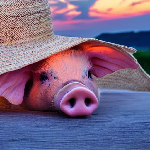 Image similar to a pig wearing a straw hat at blue hour, twilight, cool, award winning 4 k photo, twilight cool light