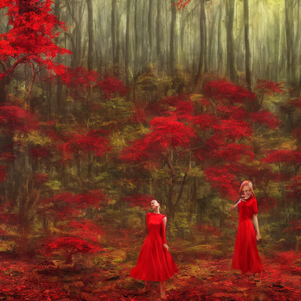 Image similar to Mushroom forest, biopunk, lush, vegetation, tall trees, godrays, falling leaves, woman, red dress, red mushrooms, digital art, 8k, trending on artstation