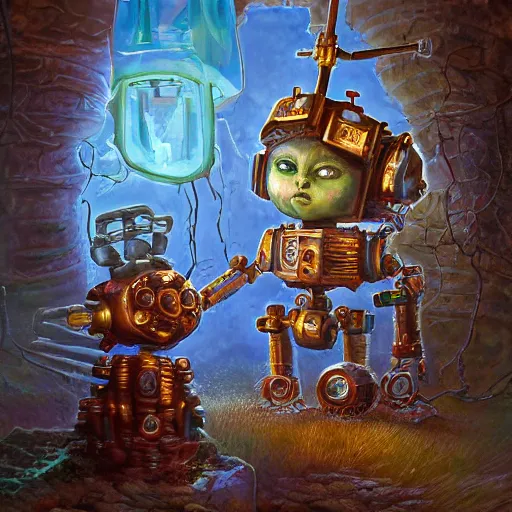 Image similar to On the morning of the robot queen's coronation, shadows of the past, The Mekanik Doll, chubby moss kitten, by jeff easley and Dylan Kowalski, highly detailed, digital painting, HDRI, by vivid colors, high contrast, 8k resolution, intricate, beautiful and thematically complex, smooth