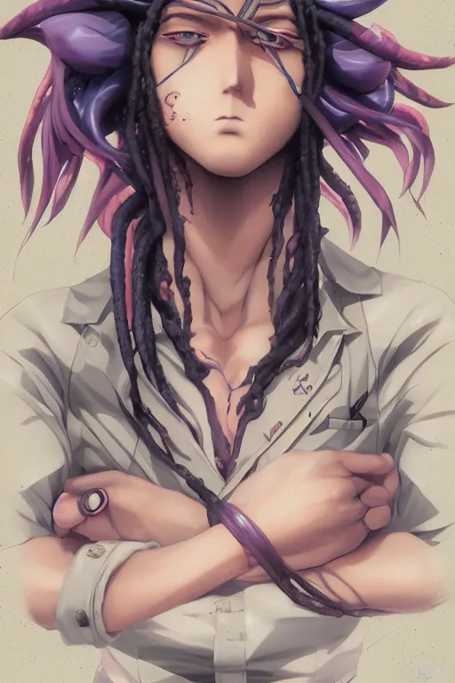 Image similar to portrait of an anime manga guy with snake dreads, straight on, by artgerm, james jean, tom bagshaw, gerald brom, vaporwave colors, lofi colors, vaporwave, lofi, goth vibe, 4 k, smooth, hd, substance designer render, full body character concept art, symmetrical, 2 point lighting,