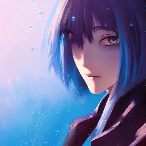 Image similar to water dripping over rimuru tempest, sky blue straight hair, bangs, with amber eyes, black jacket, high collar, ultra detailed, euphoric, masterpiece, digital painting, psychedelic, cinematic, wlop, pixiv, swirly, ilya kuvshinov, ross tran