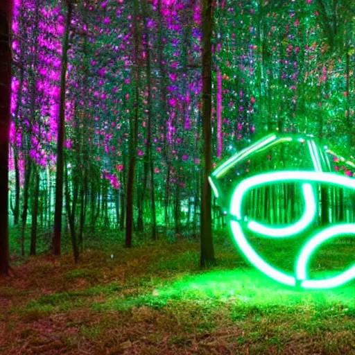 Image similar to a stargate made of neons and glowing runes in the middle of a green forest with a beam of light