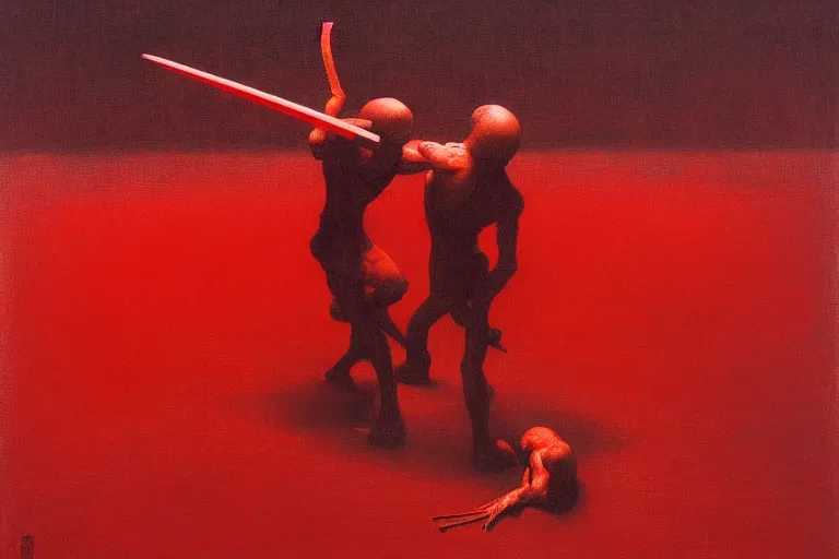 Image similar to only with red, a red samurai do seppuku, tokio, a lot of frogs watch, in the style of beksinski, parts by edward hopper, parts by rodcenko, parts by yue minjun, intricate and epic composition, red by caravaggio, insanely quality, highly detailed, masterpiece, red light, artstation, 4 k