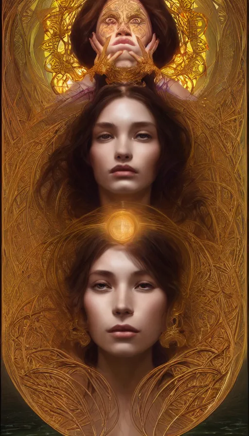 Image similar to determination of the omnipotent beings, souless creatures, sacred chaos, perfectly-centered-Portrait of the most beautiful woman on the planet floating in the river, intricate, highly detailed, digital painting, artstation, concept art, smooth, sharp focus, illustration, Unreal Engine 5, 8K, art by artgerm and greg rutkowski and alphonse mucha