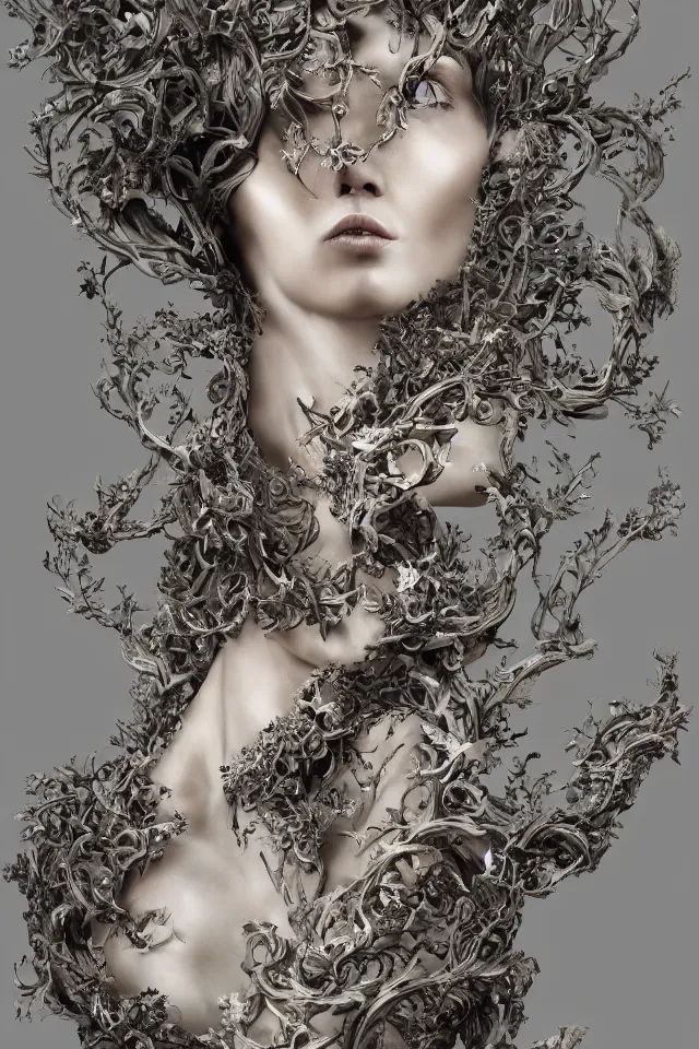 Prompt: a sculpture made of vine, bust, single portrait, lady, future, fashion, harper's bazaar, vogue, magazine, insanely detailed and intricate, concept art, ornate, luxury, elite, elegant, trending on artstation, by Ruan Jia, Kenneth Willardt, Ross Tran, WLOP, Andrei Riabovitchev.