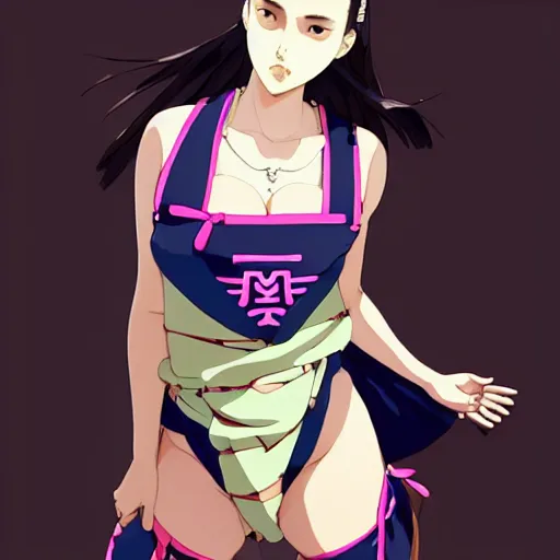 Image similar to a beautiful plus sized model japanese natalie portman, alluring plus sized model, wearing mayan leotard with elegant mayan apron overalls, street fashion hip hop style with mayan patterns, aztec street fashion, gapmoe yandere grimdark, trending on pixiv fanbox, painted by greg rutkowski makoto shinkai takashi takeuchi studio ghibli, akihiko yoshida