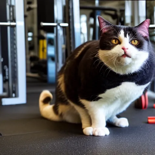 Prompt: very fat cat doing exercise at the gym, photorealistic, hd