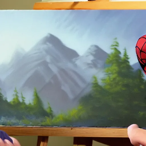 Image similar to a closeup photorealistic photograph of bob ross working on a canvas painting of spiderman. film still. brightly lit scene. mountains and trees. this 4 k hd image is trending on artstation, featured on behance, well - rendered, extra crisp, features intricate detail, epic composition and the style of unreal engine.