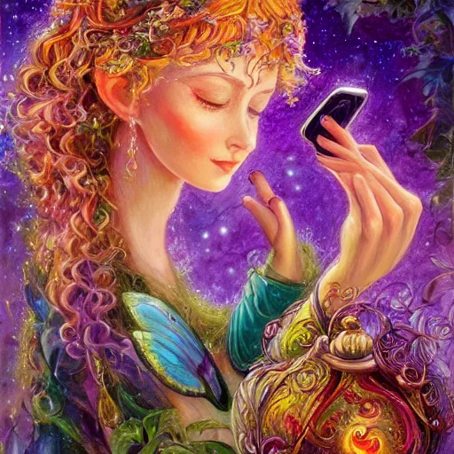 Image similar to a fairy checking her cell phone by senior concept artist josephine wall, acrylic on canvas, intricately detailed, high resolution trending on artstation