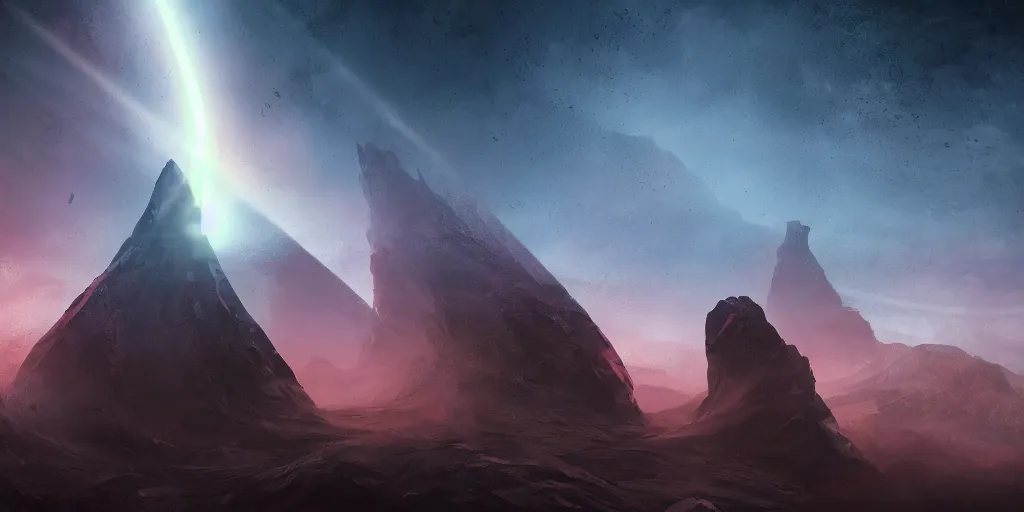 Image similar to radar peak in the three body problem, movie scene designed, muted colours, concept art, digital art, nighttime, futuristic, volumetric lighting, view from below, vivid colours, nighttime, godrays, cinematic, high detail