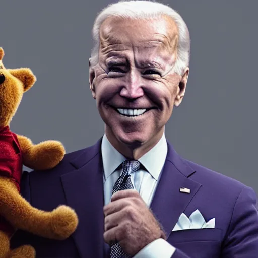 Image similar to Joe Biden holding Winnie the Pooh. Highly detailed painting Greg rutkowski. Good clear quality, high detail, octagon render 8k