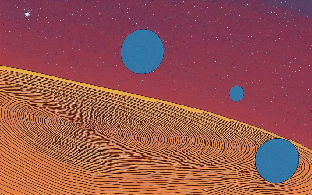 Image similar to gravitational waves, spreading trough the universe. retro minimalist art by jean giraud.