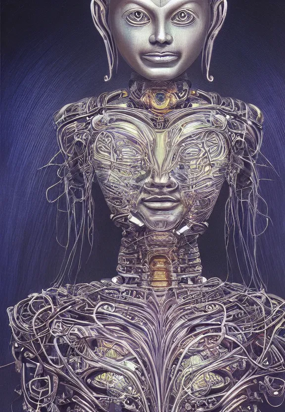 Image similar to perfectly centered portrait, front view of a beautiful biomechanical alien android robot buddha, female, flowing hair, intense stare, sarcastic smile, symmetrical, concept art, intricate detail, volumetric shadows and lighting, realistic oil painting by alex grey and gustave dore,