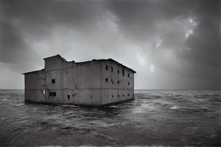 Prompt: high key lighting, danila tkachenko, photograph of an abandonet soviet building bloc in the middle of the ocean, lighting storm,