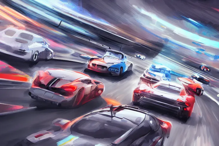 Image similar to modern cars racing on a highway, digital painting, mixed media, trending on artstation and deviantart, epic composition, highly detailed, 8 k