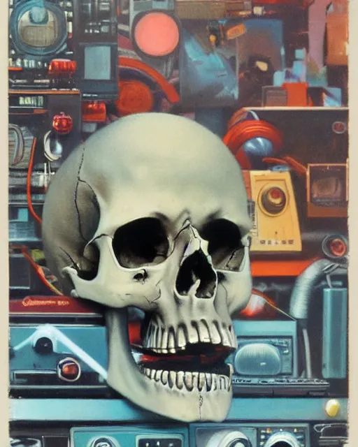 Image similar to a sarcastic skull observing 8 0 s era technology, vintage shapes, retro technology, vintage color, wayne barlow, oil on canvas, deep depth of field, masterpiece, cinematic composition, hyperdetailed