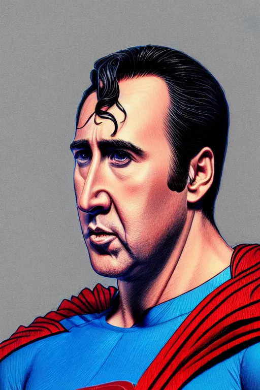 Prompt: portrait of nicolas cage as superman looking away from the camera, intricate, hyperrealistic, extremely detailed ballpoint drawing by simon stalenhag and greg rutkowski, artstation