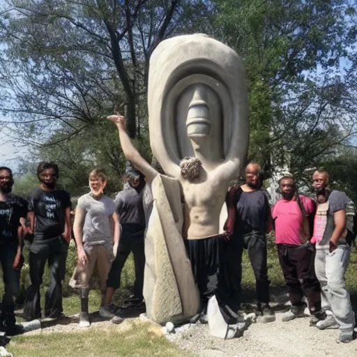 Prompt: A group of cultists surrounding a large stone statue of a boot