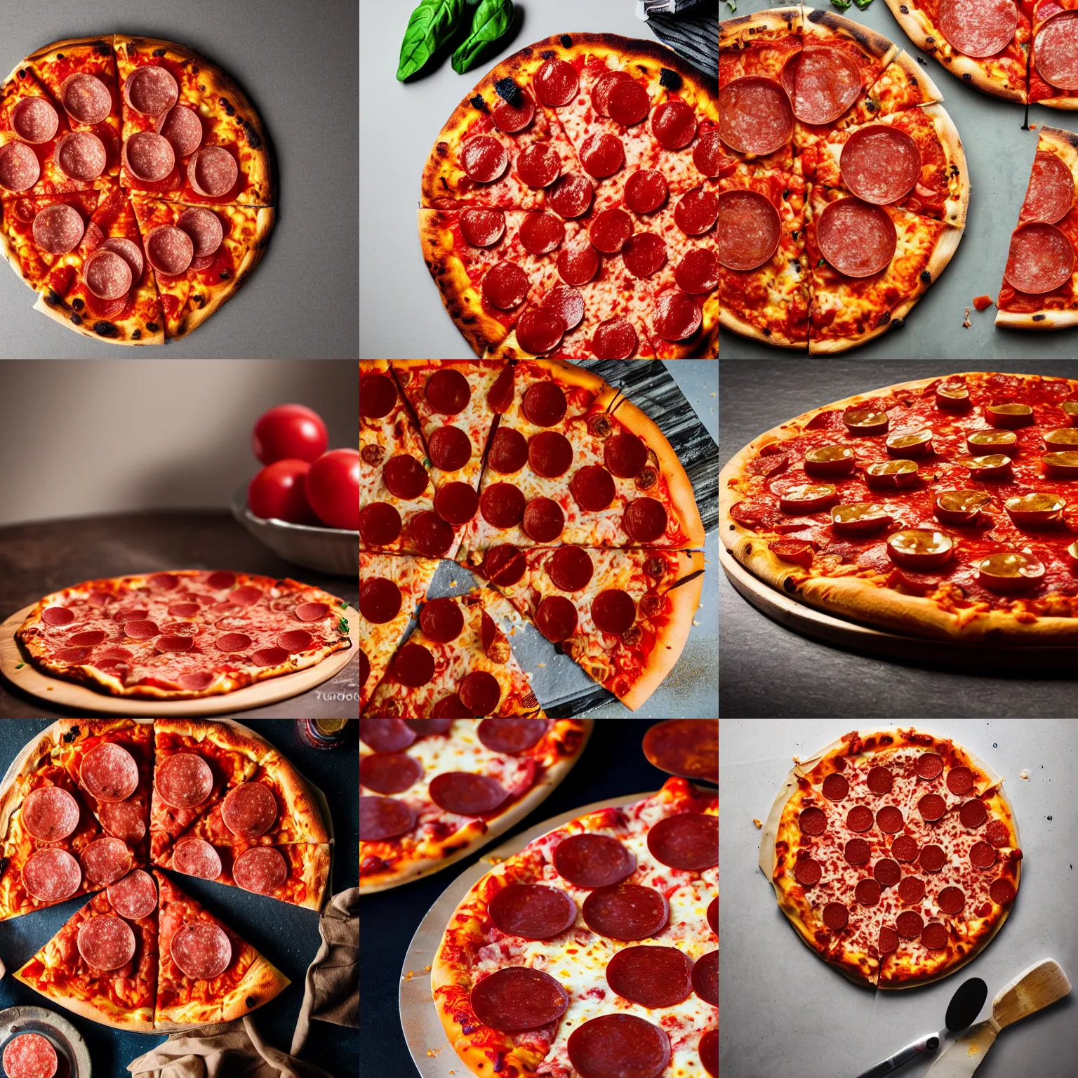 Prompt: a delicious pepperoni pizza, food photography, studio lighting