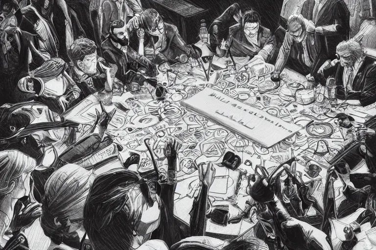 Prompt: intricate and dramatic sketch of meeting of a group of people, who believe that a small secret group of people is responsible for making all major decisions in world politics, hyperdetailed, 80mm lens, by Greg Rutkowski and guweiz, white ink sketch on black paper