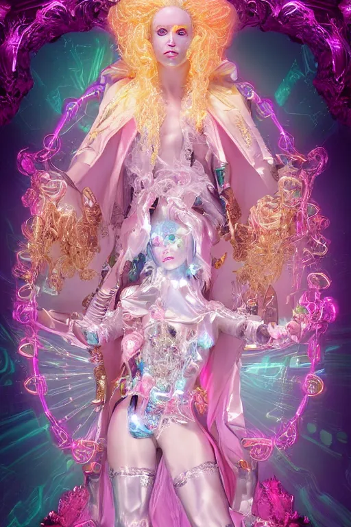 Image similar to full-body rococo and cyberpunk delicate neon crystalline sculpture of ((young muscular golden albino Colombian prince)) as an iridescent humanoid deity wearing ((peach plastic hooded cloak)) (holding a human skull) in a white castle dungeon, reclining, glowing pink face, crown of (pink lasers), large blue diamonds, swirling black silk fabric. futuristic elements. oozing glowing liquid, full-length view. space robots. intricate artwork by caravaggio. Trending on artstation, octane render, cinematic lighting from the right, hyper realism, octane render, 8k, depth of field, 3D