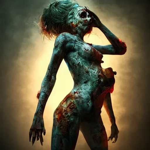 Prompt: full body pose, hyperrealistic mixed media painting of beautiful zombie woman, dim volumetric lighting, 8 k, octane beautifully detailed render, extremely hyper detailed, intricate, epic composition, cinematic lighting, masterpiece, trending on artstation, very very detailed, masterpiece, stunning, hdr, smooth, sharp focus, high resolution, award, winning photo, dslr, 5 0 mm