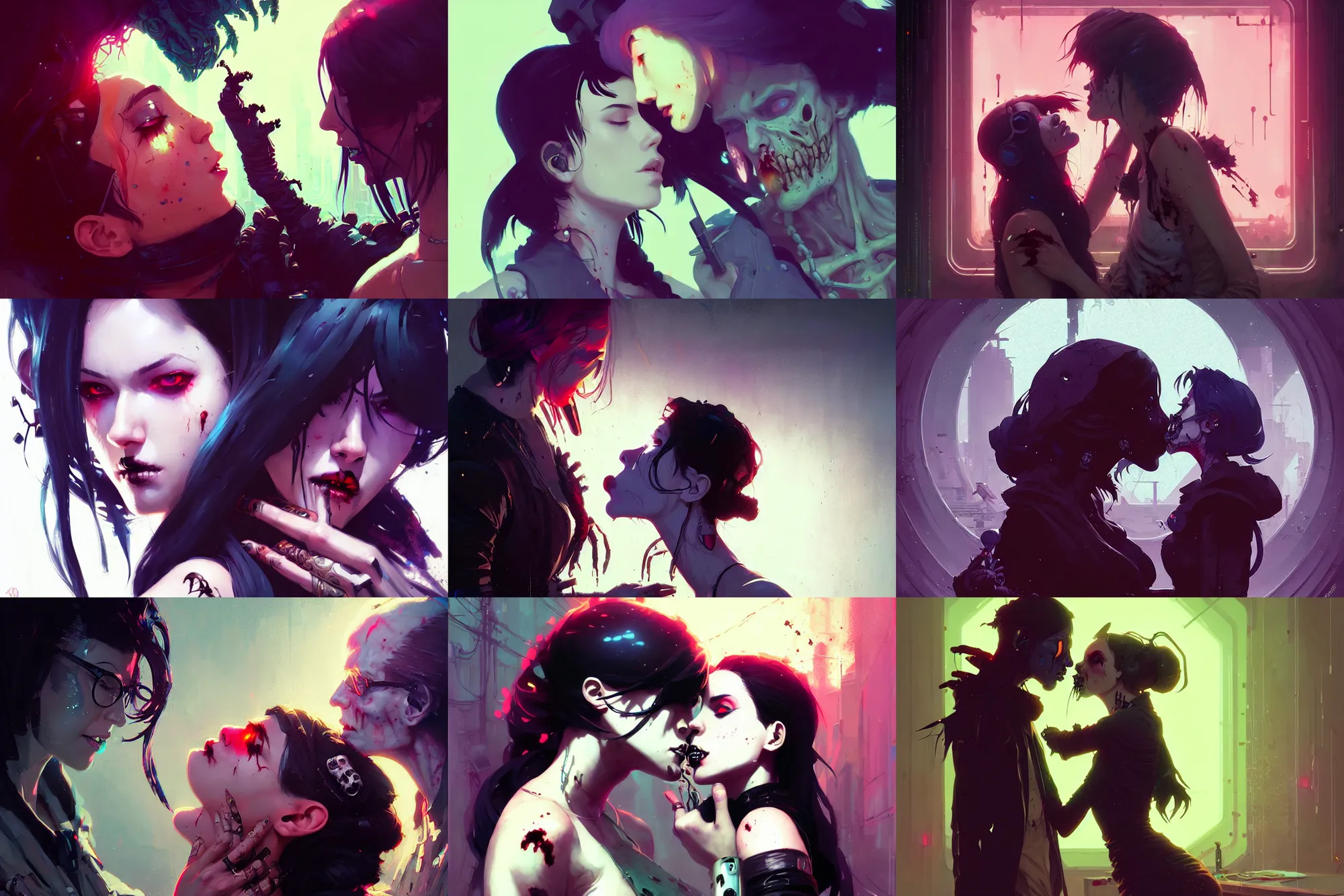 Prompt: hyper - realistic portrait of a beautiful alluring cyberpunk witch kissing a zombie, in style of atey ghailan, by greg rutkowski, by greg tocchini, by makoto shinkai, by studio ghibliin, by james gilleard, by joe fenton, by kaethe butcher, dynamic lighting, grunge aesthetic