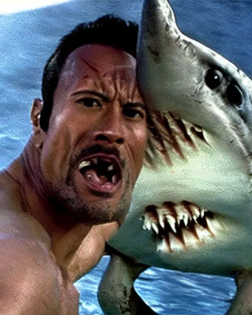 Image similar to film still close up shot of dwayne johnson wrestling with a shark in the movie jaws. photographic, photography