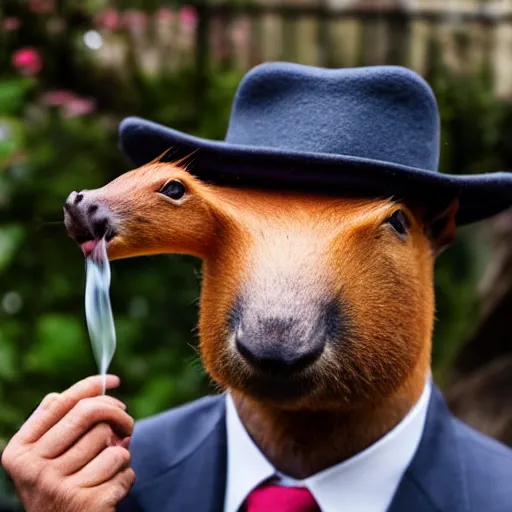 Image similar to smoking cigar, a man wearing a suit capybara head wearing a hat (smoking cigar)