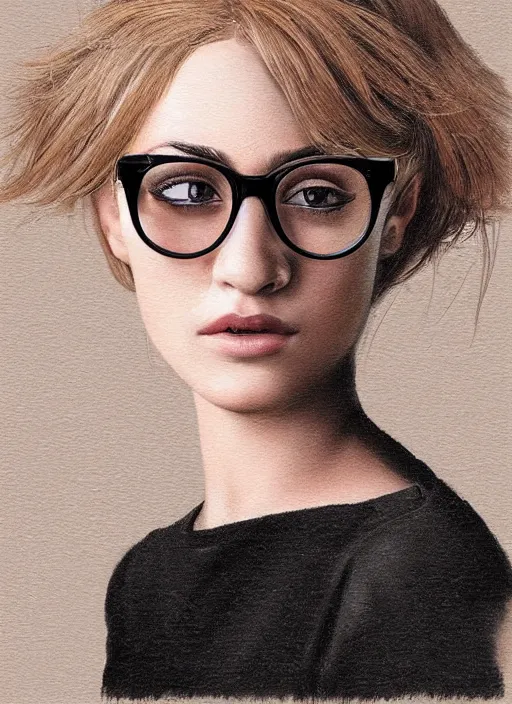 Prompt: detailed!!!! digital art, portrait of young woman, big!!!!!!!!!!!!, large!!!!!! eyeglasses!!!