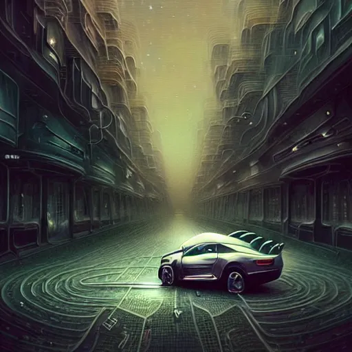 Image similar to A photo of car in the form of a space horse, street on the space city, Norilsk, sci-fi, fantasy, intricate, very very beautiful, by Evgeny Zubvkov, elegant, highly detailed, digital painting, artstation, concept art, smooth, sharp focus, illustration, art by artgerm and greg rutkowski and alphonse mucha