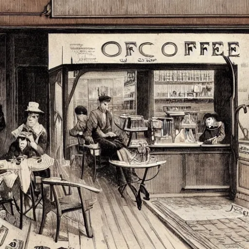 Prompt: A coffee shop, very detailed, 1900 illustration artwork